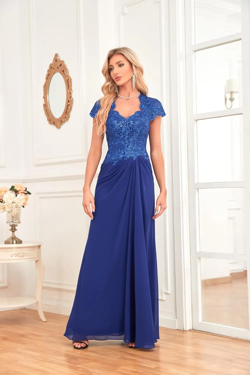 V Neck Bridesmaid Dresses Lace Appliques Beaded Prom Dress Short Sleeve Formal Gowns B033
