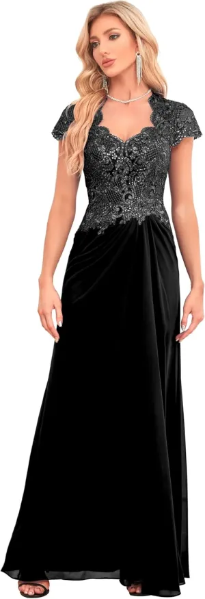 V Neck Bridesmaid Dresses Lace Appliques Beaded Prom Dress Short Sleeve Formal Gowns B033