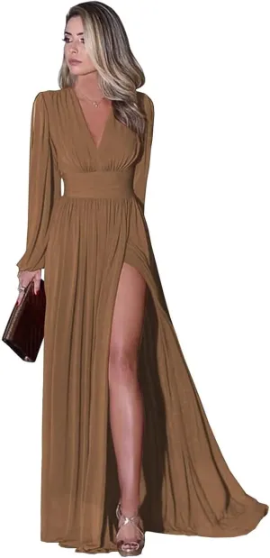 V Neck Long Sleeve Bridesmaid Dresses with Slit A Line Ruched Chiffon Formal Dresses for Women Evening Party Gowns