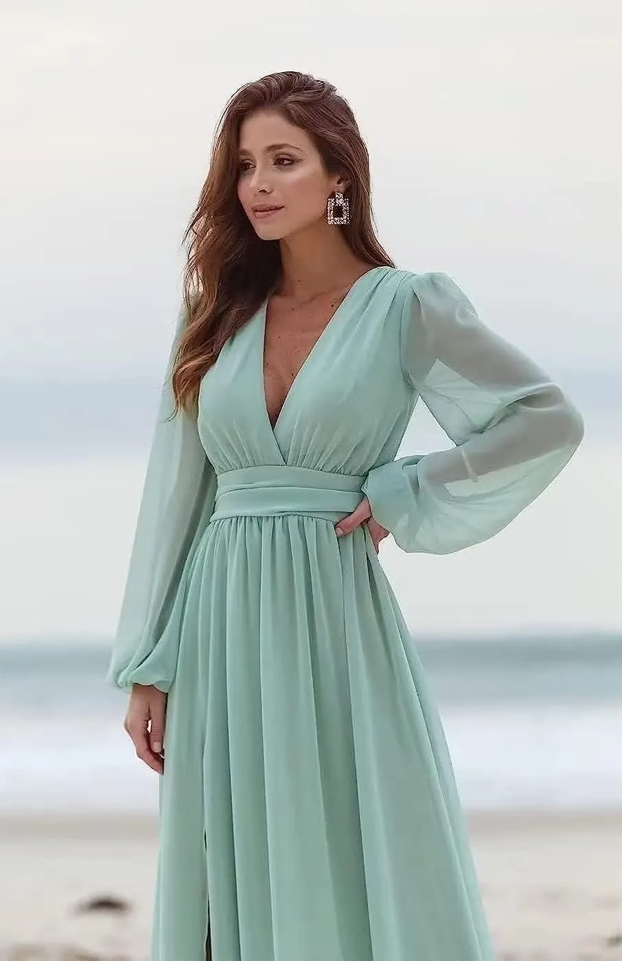 V Neck Long Sleeve Bridesmaid Dresses with Slit A Line Ruched Chiffon Formal Dresses for Women Evening Party Gowns