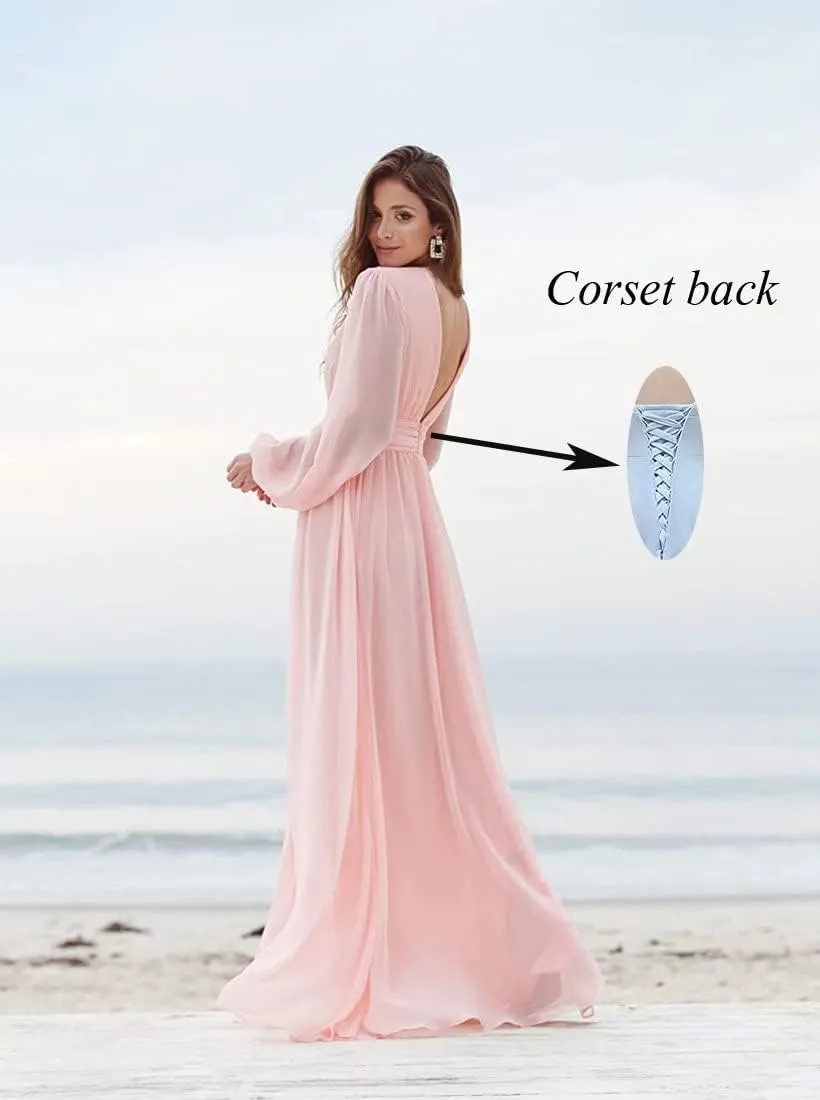 V Neck Long Sleeve Bridesmaid Dresses with Slit A Line Ruched Chiffon Formal Dresses for Women Evening Party Gowns