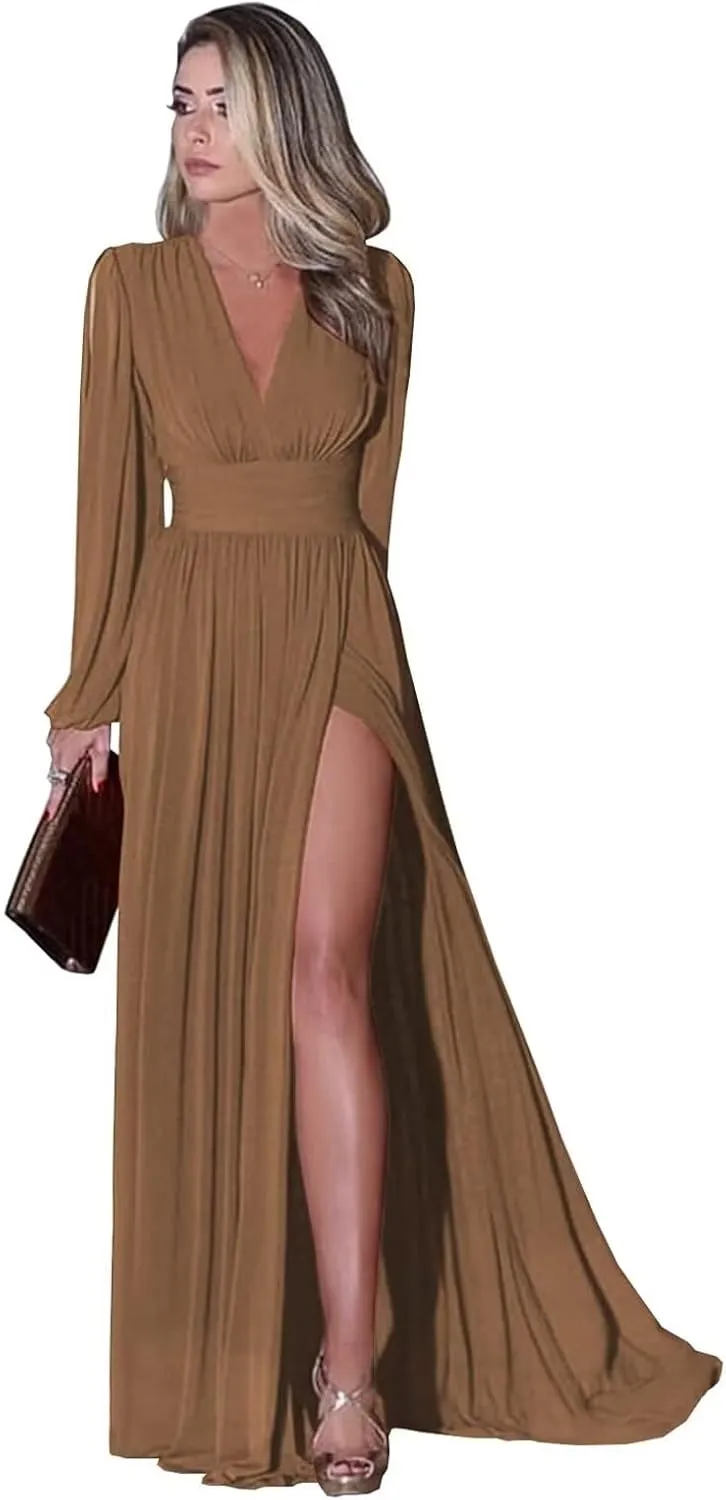 V Neck Long Sleeve Bridesmaid Dresses with Slit A Line Ruched Chiffon Formal Dresses for Women Evening Party Gowns