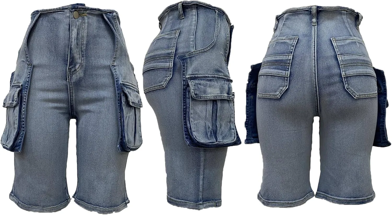 Vakkest Women's High Waisted Denim Cargo Shorts Bermuda Straight Leg Casual Summer Long Jean Shorts with Pockets