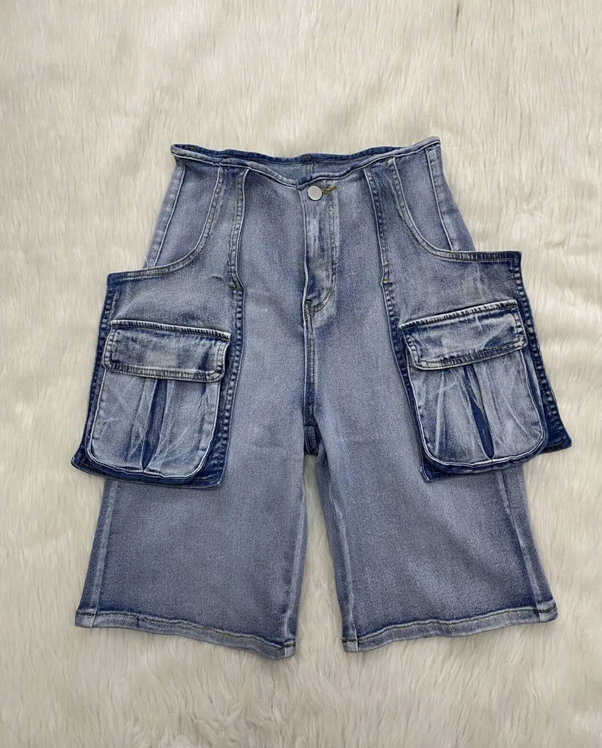 Vakkest Women's High Waisted Denim Cargo Shorts Bermuda Straight Leg Casual Summer Long Jean Shorts with Pockets