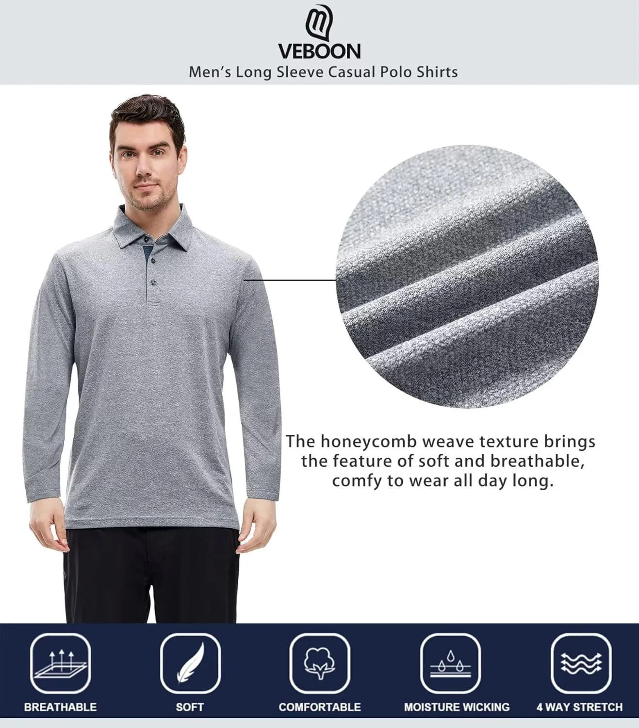VEBOON Men's Polo Shirts Long and Short Sleeve Cotton Blend Heather Moisture Wicking Casual Collared Shirts