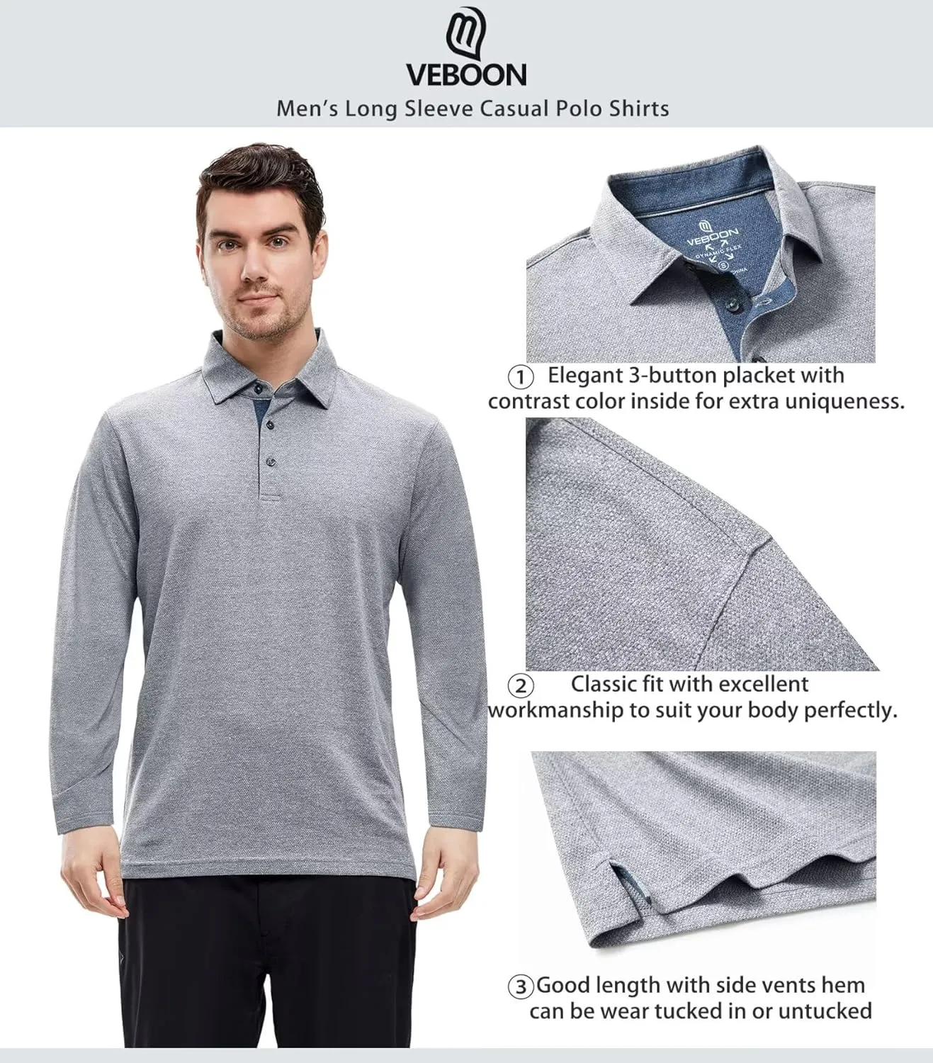 VEBOON Men's Polo Shirts Long and Short Sleeve Cotton Blend Heather Moisture Wicking Casual Collared Shirts