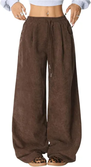 Verdusa Women's Corduroy Pants Drawstring Waist Loose Fit Wide Leg Palazzo Pants with Pockets