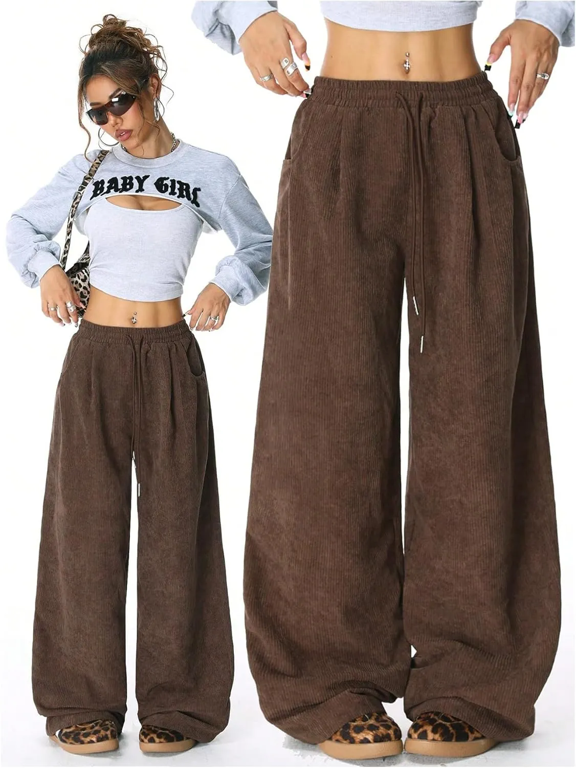 Verdusa Women's Corduroy Pants Drawstring Waist Loose Fit Wide Leg Palazzo Pants with Pockets