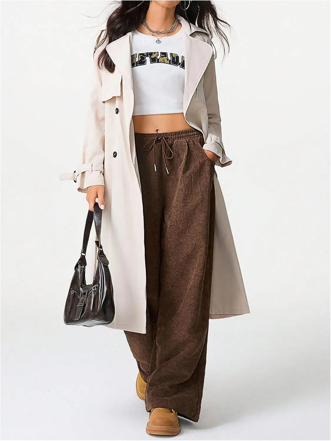 Verdusa Women's Corduroy Pants Drawstring Waist Loose Fit Wide Leg Palazzo Pants with Pockets