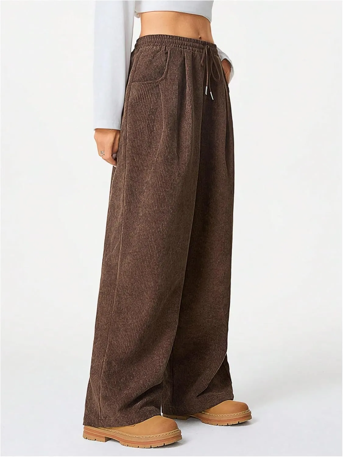 Verdusa Women's Corduroy Pants Drawstring Waist Loose Fit Wide Leg Palazzo Pants with Pockets