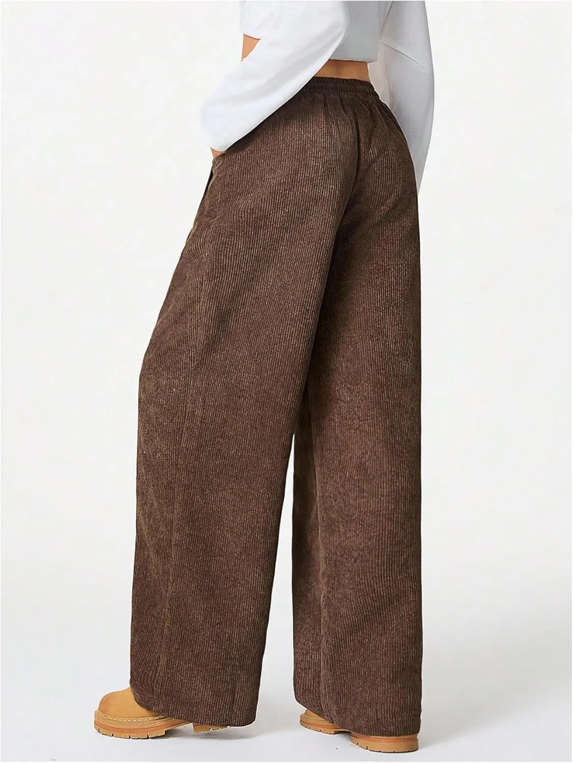 Verdusa Women's Corduroy Pants Drawstring Waist Loose Fit Wide Leg Palazzo Pants with Pockets