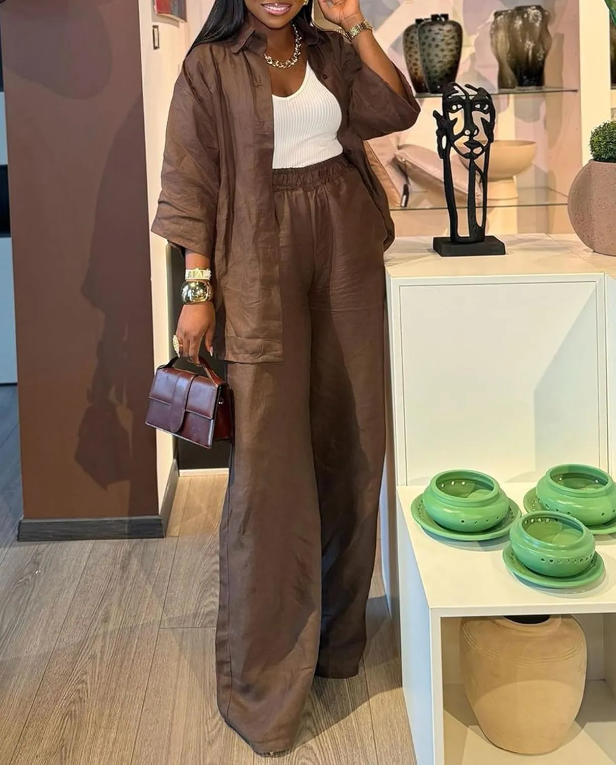 Voghtic 2 Piece Outfits For Women Lounge Sets 3/4 Sleeve Button Down Shirts And Wide Leg Pants Sets