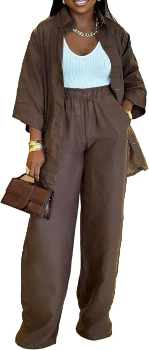 Voghtic 2 Piece Outfits For Women Lounge Sets 3/4 Sleeve Button Down Shirts And Wide Leg Pants Sets