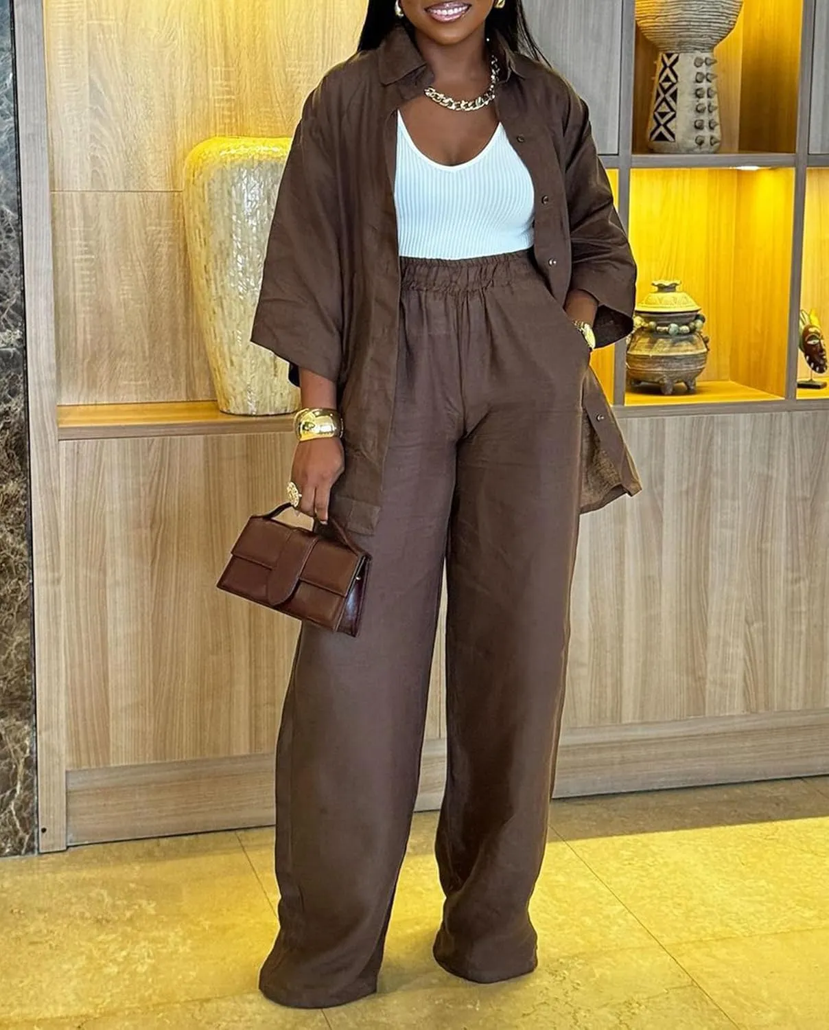 Voghtic 2 Piece Outfits For Women Lounge Sets 3/4 Sleeve Button Down Shirts And Wide Leg Pants Sets