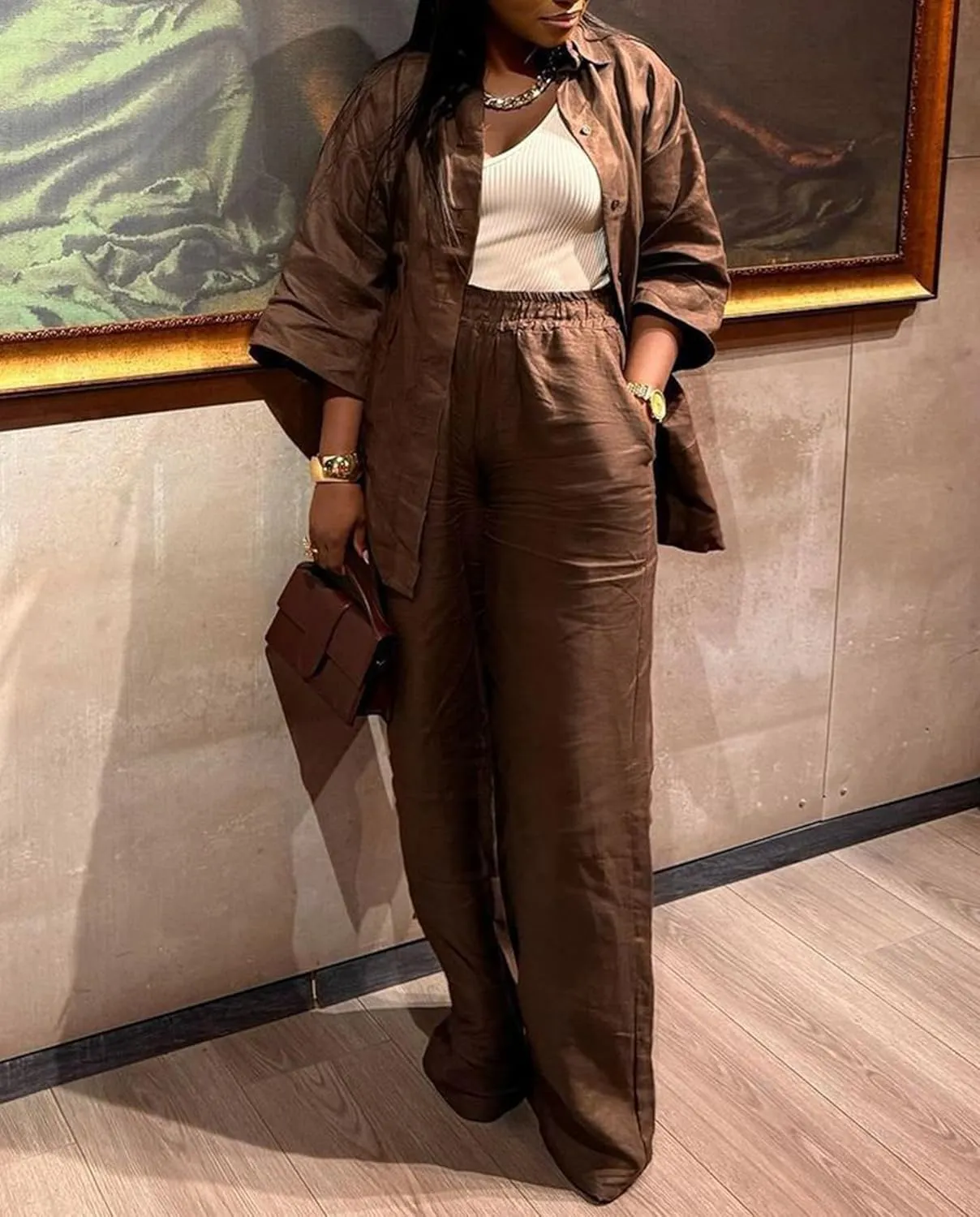 Voghtic 2 Piece Outfits For Women Lounge Sets 3/4 Sleeve Button Down Shirts And Wide Leg Pants Sets