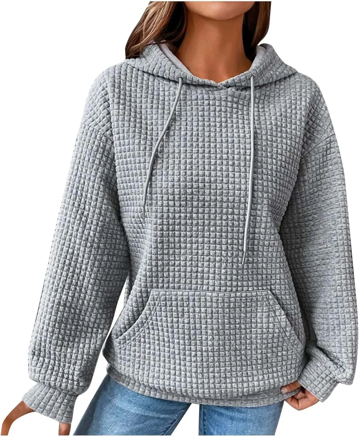 Waffle Hoodie Sweatshirts for Women Long Sleeve Shirts Fall Casual Tops Blouse Plaid Pullover with Pocket 2024, Small