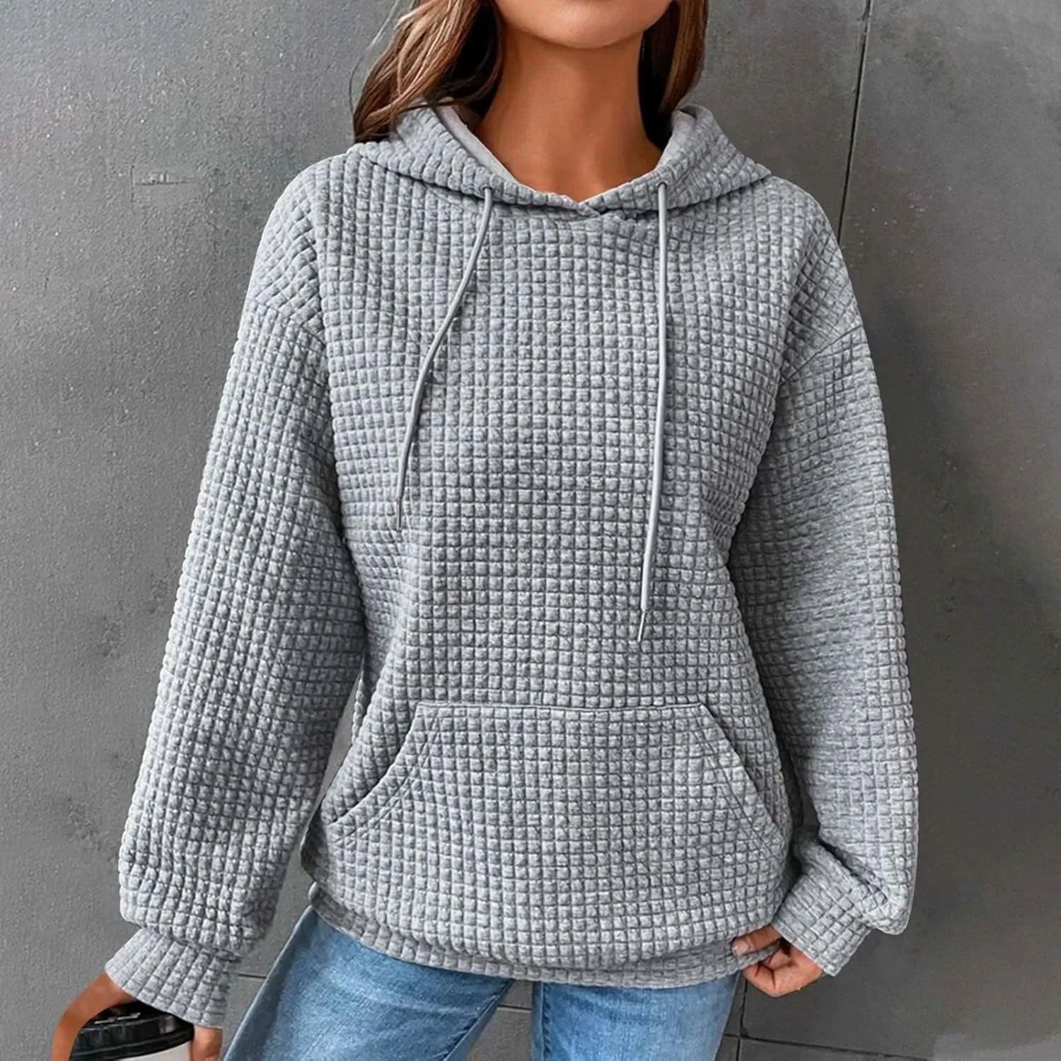 Waffle Hoodie Sweatshirts for Women Long Sleeve Shirts Fall Casual Tops Blouse Plaid Pullover with Pocket 2024, Small