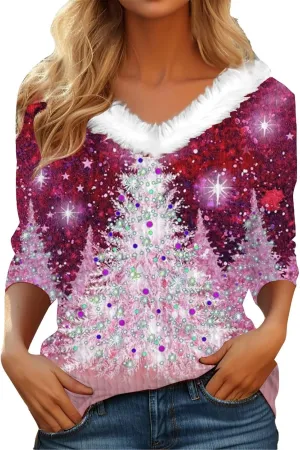 Waffle Knit Christmas Sweaters for Women Faux Fur Trim Pullover Holiday Hoodie Hooded Oversized Sweatshirt Tunic Tops