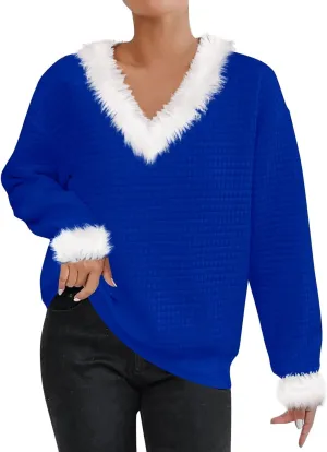 Waffle Knit Christmas Sweaters for Women Faux Fur Trim Pullover Holiday Hoodie Hooded Oversized Sweatshirt Tunic Tops