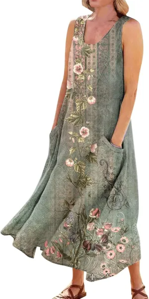 WANZZXCSL Women's Summer Cotton Linen Long Dress Sleeveless Trendy Flowy Dresses Plus Size Loose Comfy Dress with Pockets