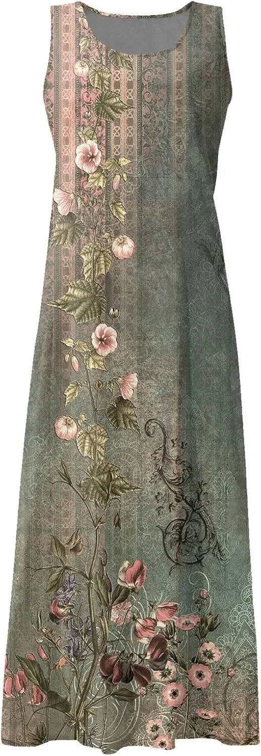 WANZZXCSL Women's Summer Cotton Linen Long Dress Sleeveless Trendy Flowy Dresses Plus Size Loose Comfy Dress with Pockets