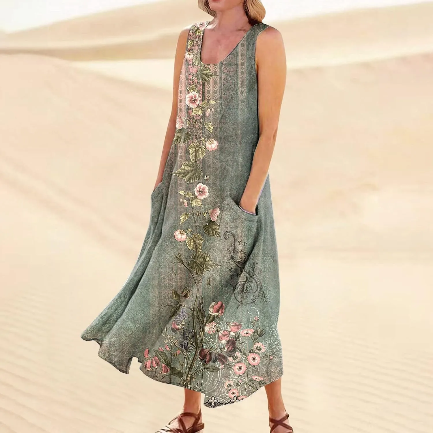 WANZZXCSL Women's Summer Cotton Linen Long Dress Sleeveless Trendy Flowy Dresses Plus Size Loose Comfy Dress with Pockets