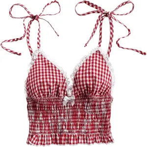 WDIRARA Women's Gingham Cami Crop Tops Plaid Contrast Lace V Neck Camisole Tops