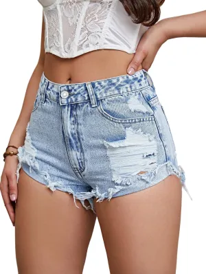 WDIRARA Women's High Waist Ripped Short Jeans Shorts Straight Leg Pocket Zip Fly Raw Hem Casual Denim Shorts