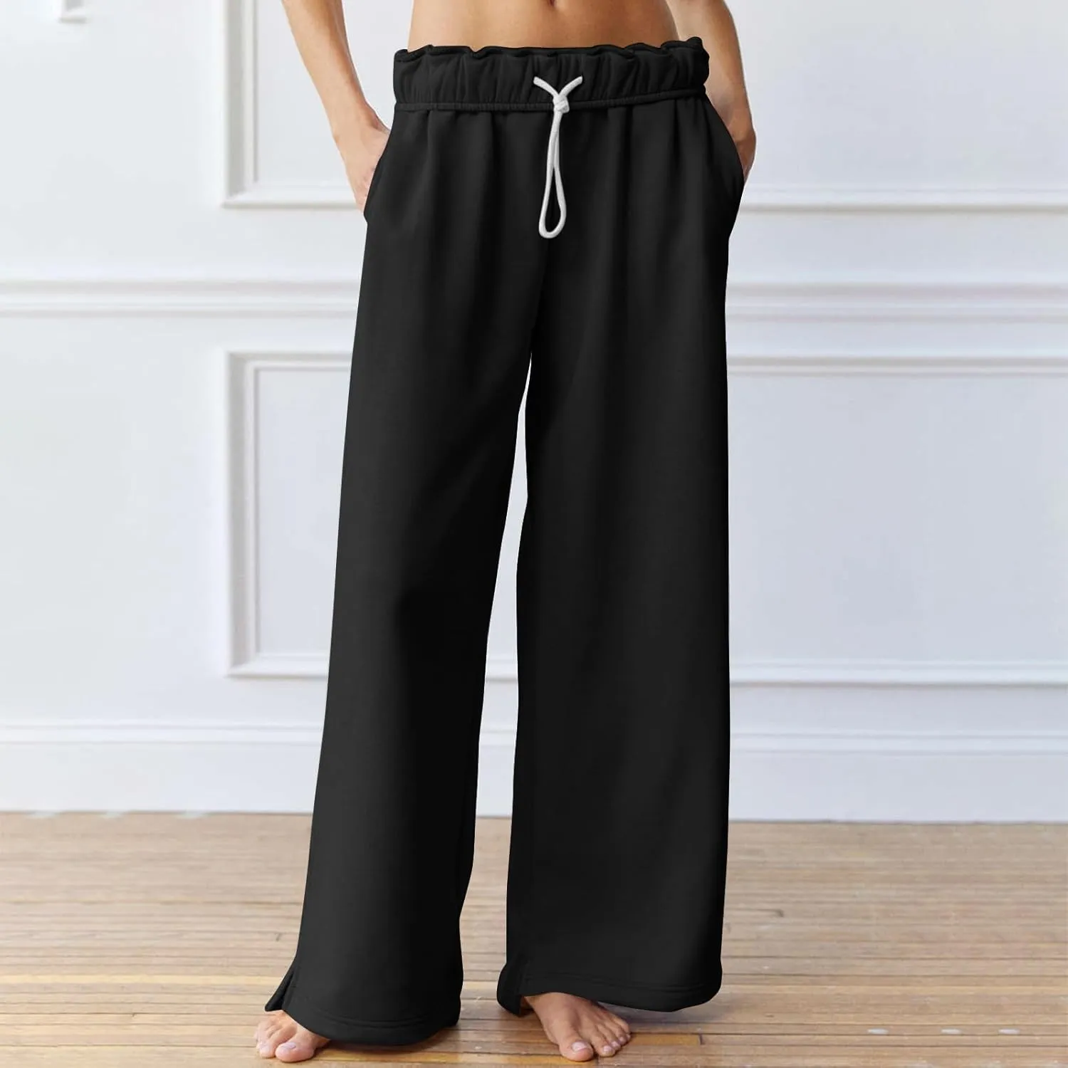 Wide Leg Sweatpants for Women Drawstring High Waisted Lounge Trousers Elastic Waist Baggy Casual Pants with Pockets