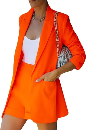 WIWIQS Women's 2 Piece Casual Long Sleeve Blazer Open Front Solid Short Pants Suit Sets