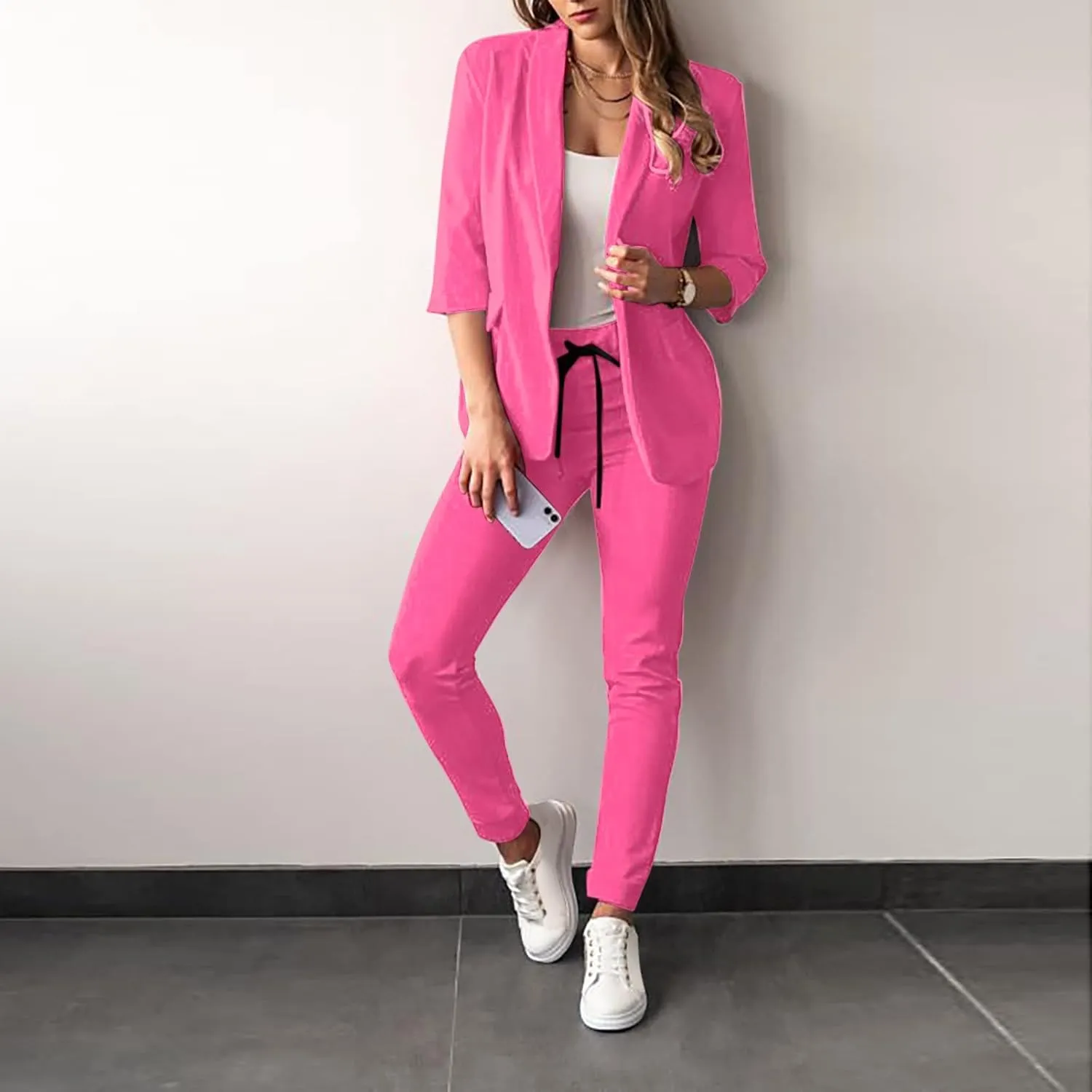 Women 2 Piece Blazer Set Long Sleeve Cardigan Blazer Slim Fit Straight Leg Pants Business Casual Outfits Office Work