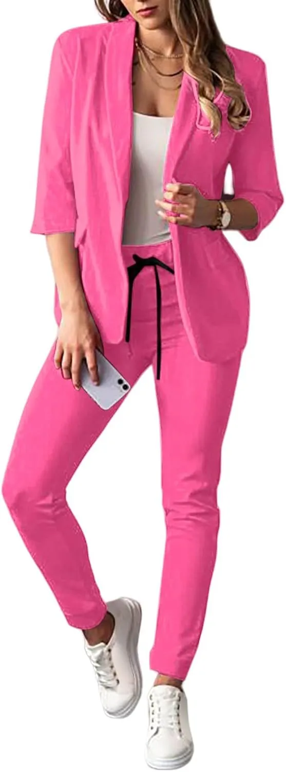 Women 2 Piece Blazer Set Long Sleeve Cardigan Blazer Slim Fit Straight Leg Pants Business Casual Outfits Office Work