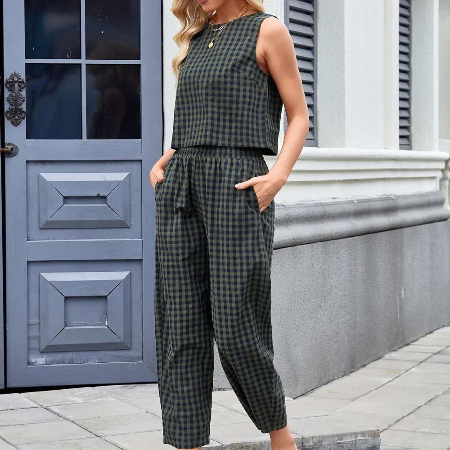 Women 2 Piece Summer Outfit Plaid Lounge Wear Sets Sleeveless Crop Tank Tops and Long Pant Set with Pocket Tracksuit