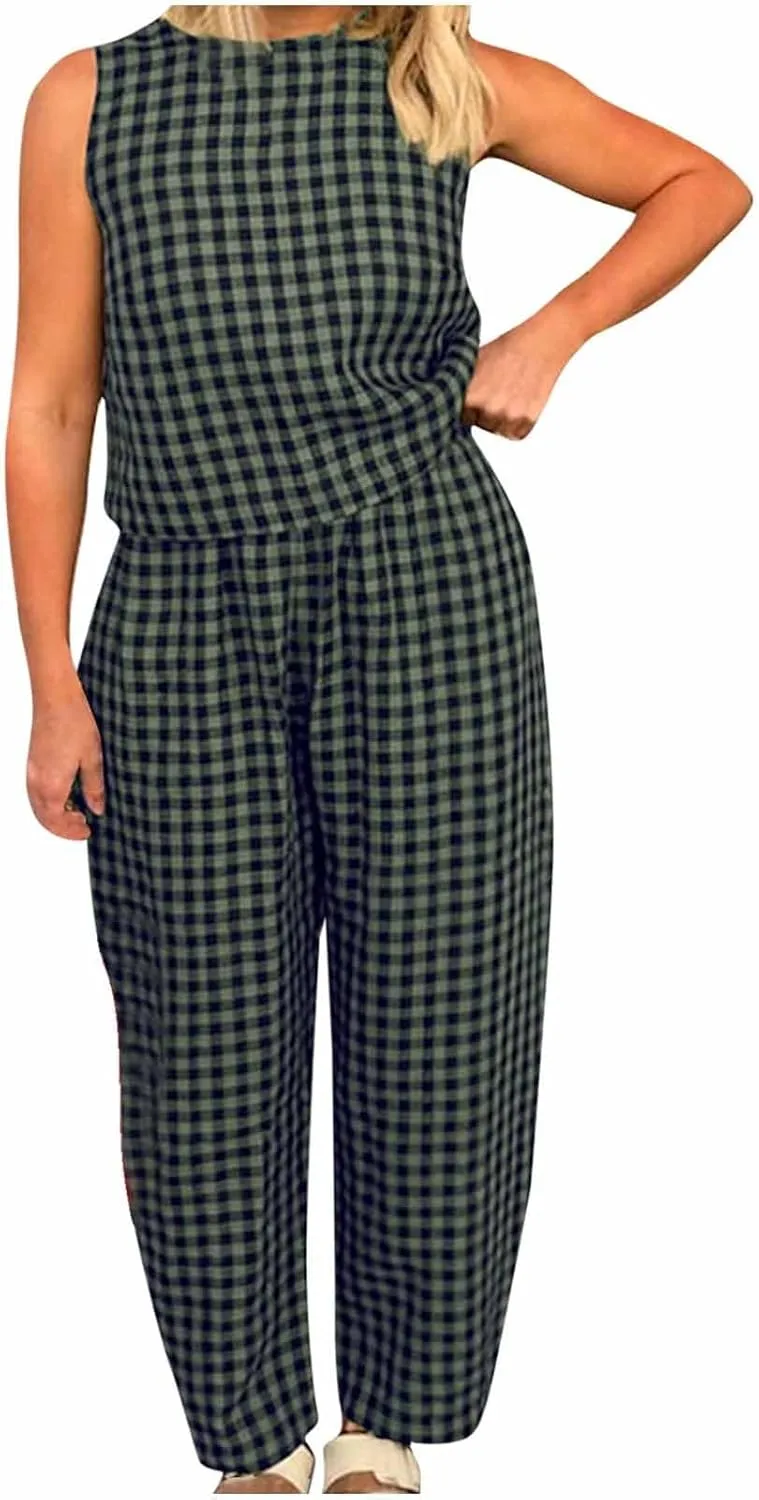 Women 2 Piece Summer Outfit Plaid Lounge Wear Sets Sleeveless Crop Tank Tops and Long Pant Set with Pocket Tracksuit