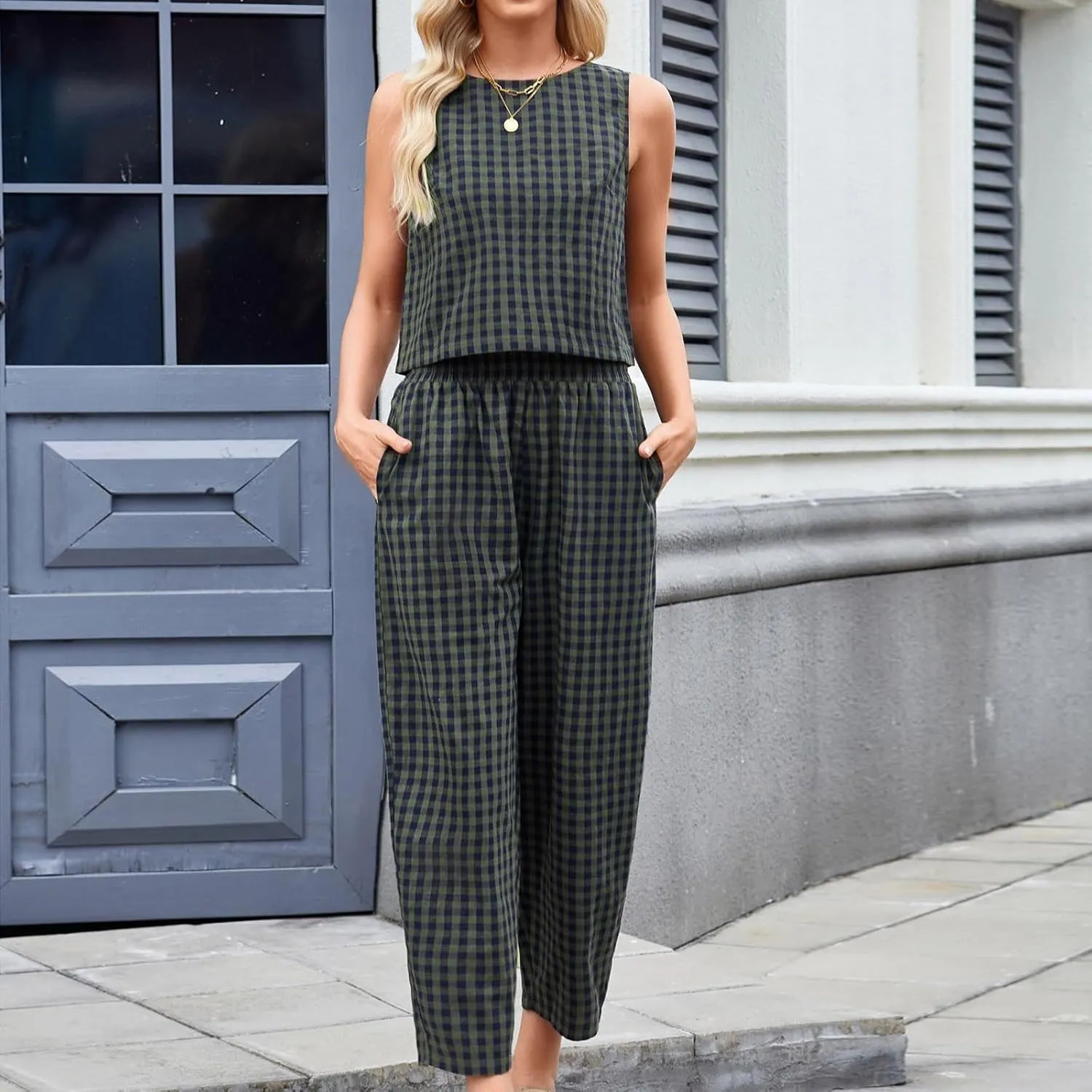 Women 2 Piece Summer Outfit Plaid Lounge Wear Sets Sleeveless Crop Tank Tops and Long Pant Set with Pocket Tracksuit
