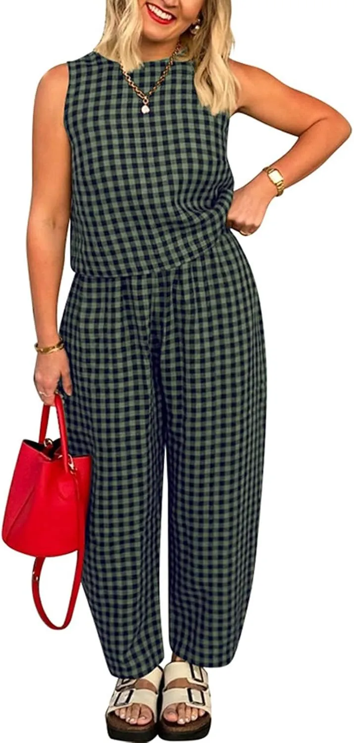 Women 2 Piece Summer Outfit Plaid Lounge Wear Sets Sleeveless Crop Tank Tops and Long Pant Set with Pocket Tracksuit