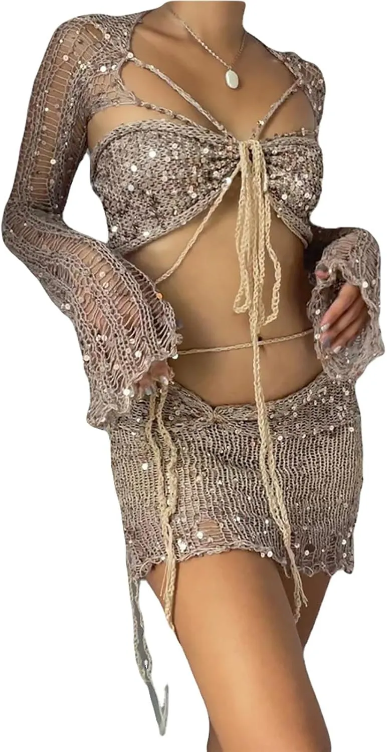 Women Beach Matching Top Skirts Swimwear Kimono Cover Up Sets for Women Swimwear Sets