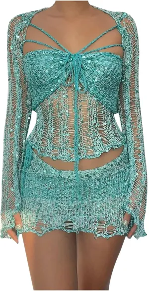 Women Beach Matching Top Skirts Swimwear Kimono Cover Up Sets for Women Swimwear Sets