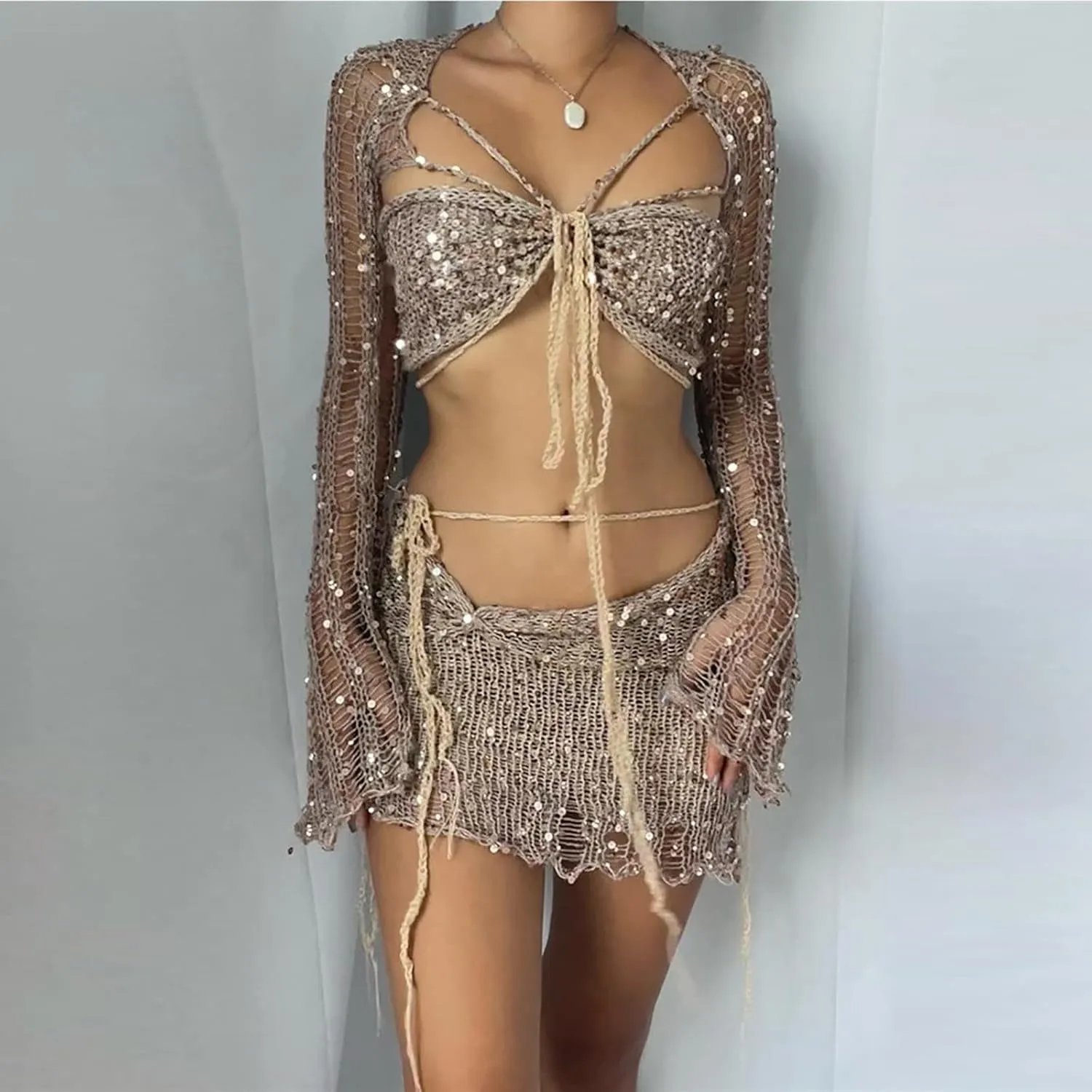 Women Beach Matching Top Skirts Swimwear Kimono Cover Up Sets for Women Swimwear Sets