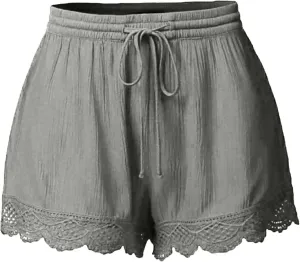 Women Casual Shorts Summer Floral Lace Plus Size High Waist Drawstring Dressy Yoga Shorts Soft Trendy Beach Clothes