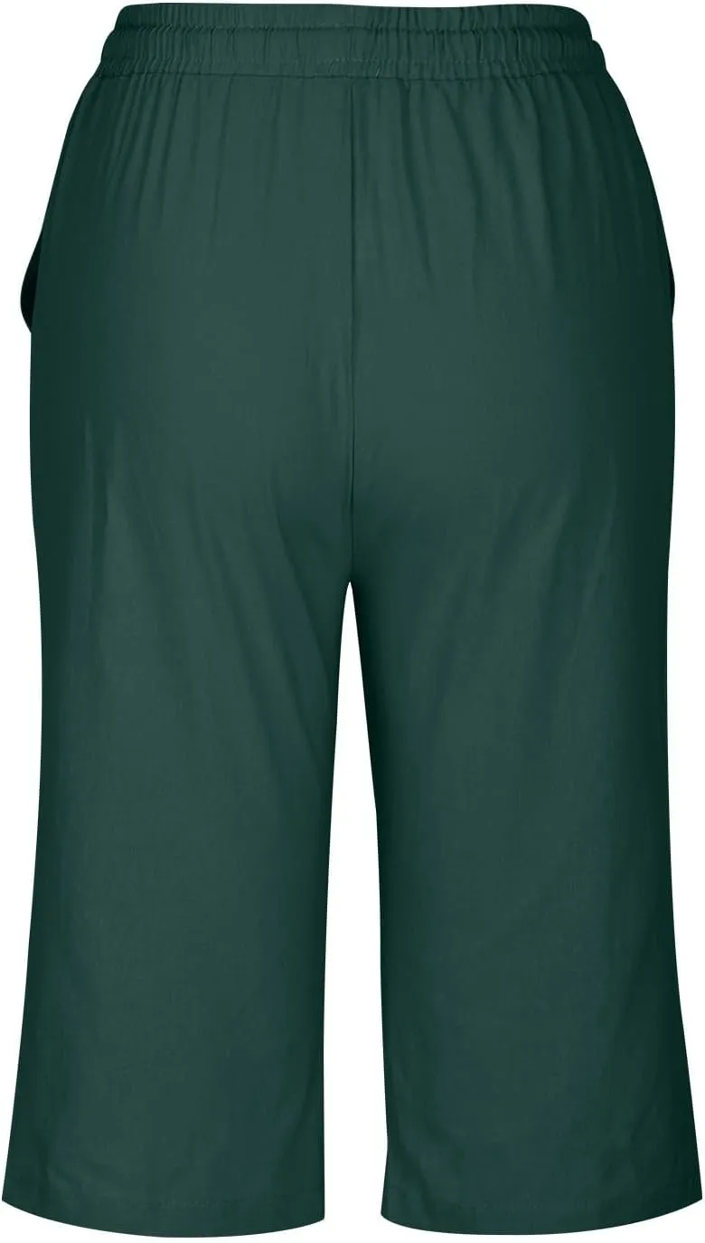 Women Cotton Linen Shorts Summer Knee Length Shorts High Waisted Bermuda Beach Capris Lounge Short Pant with Pocket
