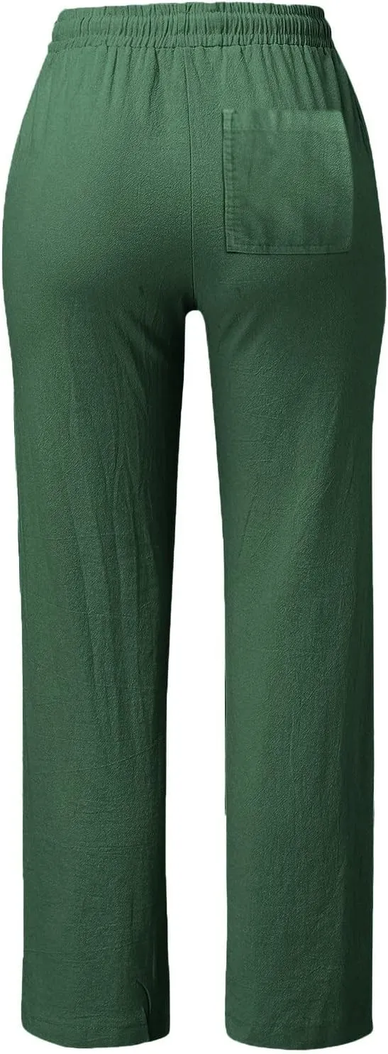 Women Cotton Linen Summer Cropped Palazzo Lounge Pants High Waist Long Lounge Plus Size Trouser Trendy