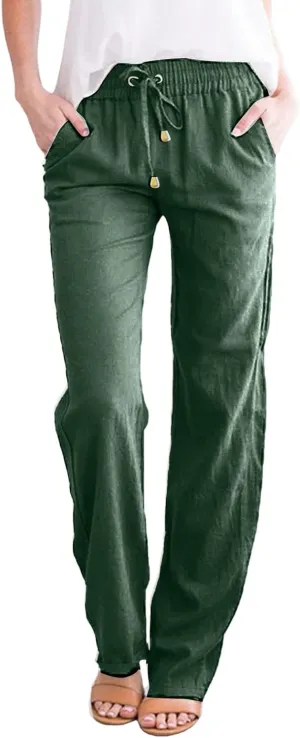 Women Cotton Linen Summer Cropped Palazzo Lounge Pants High Waist Long Lounge Plus Size Trouser Trendy