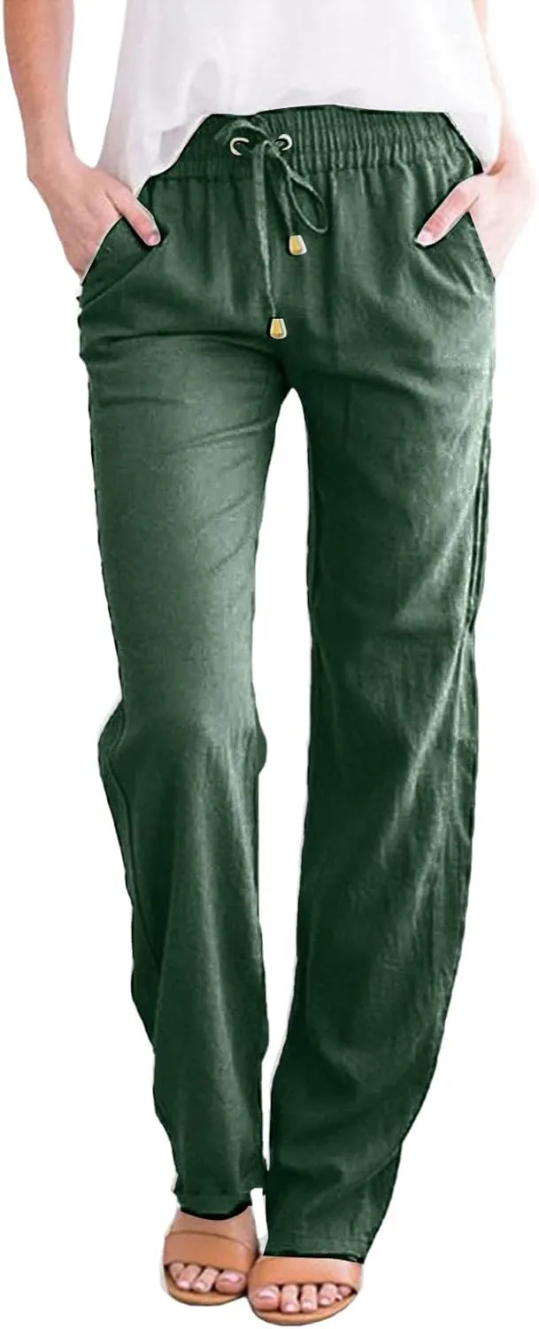 Women Cotton Linen Summer Cropped Palazzo Lounge Pants High Waist Long Lounge Plus Size Trouser Trendy