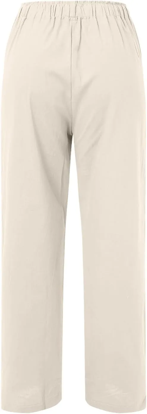Women Cotton Linen Summer Drawstring Palazzo Lounge Pants Elastic Waist Long Lounge Slim Fit Palazzo Lounge