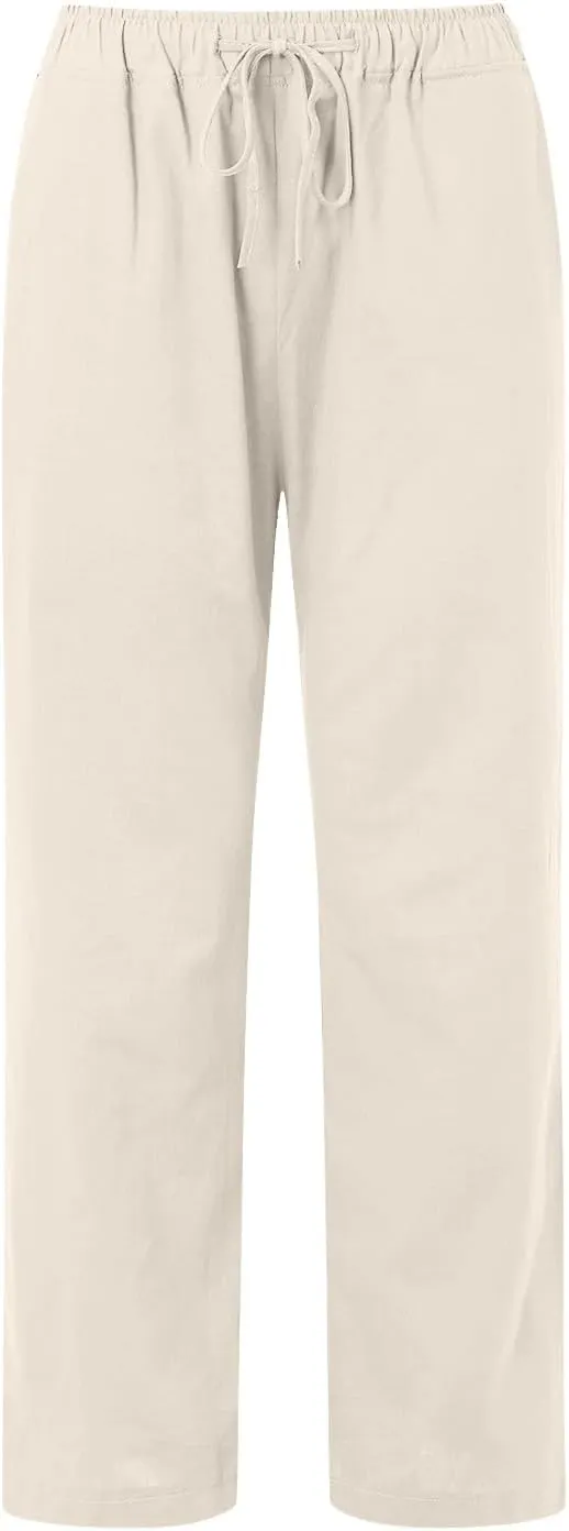 Women Cotton Linen Summer Drawstring Palazzo Lounge Pants Elastic Waist Long Lounge Slim Fit Palazzo Lounge