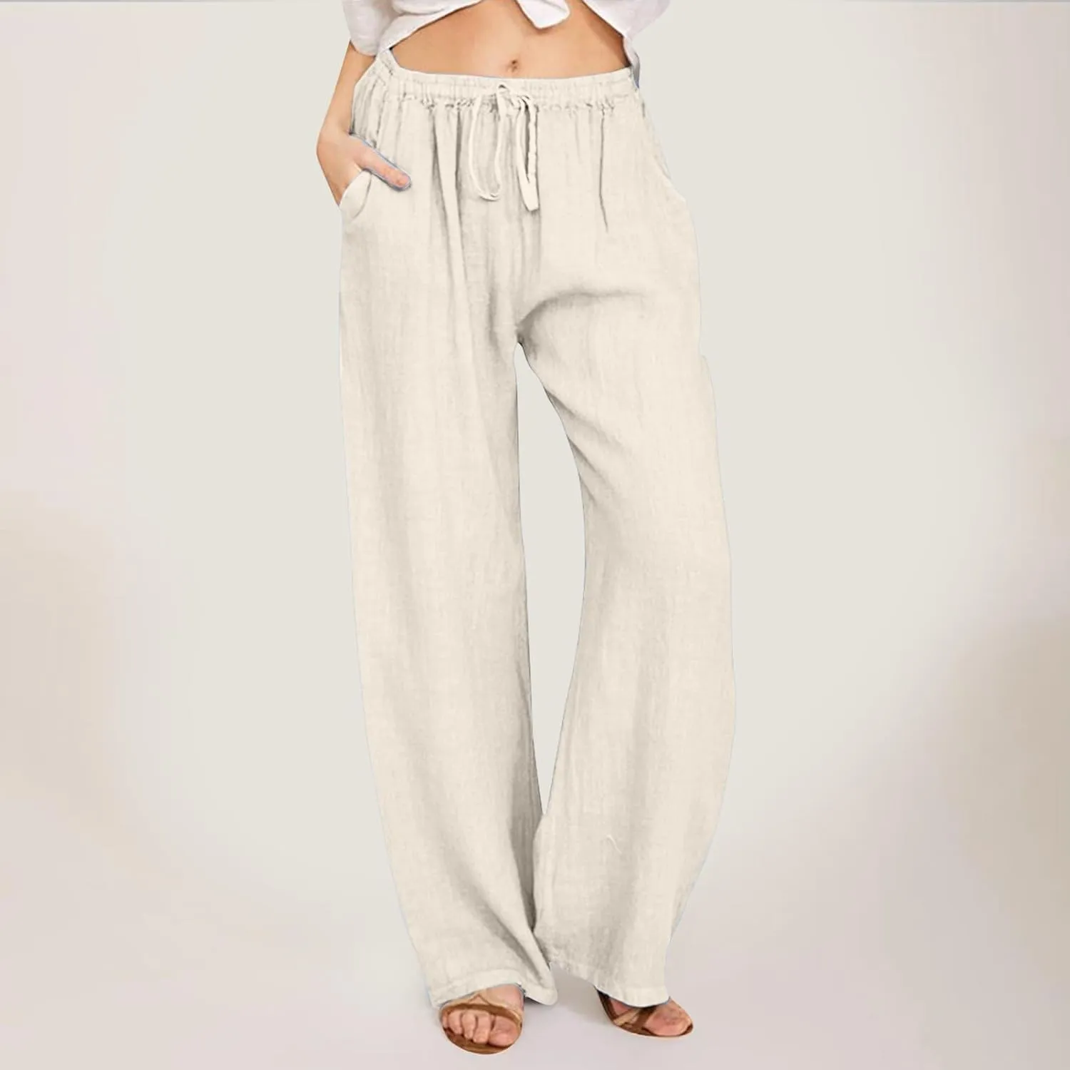 Women Cotton Linen Summer Drawstring Palazzo Lounge Pants Elastic Waist Long Lounge Slim Fit Palazzo Lounge