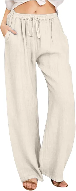 Women Cotton Linen Summer Drawstring Palazzo Lounge Pants Elastic Waist Long Lounge Slim Fit Palazzo Lounge
