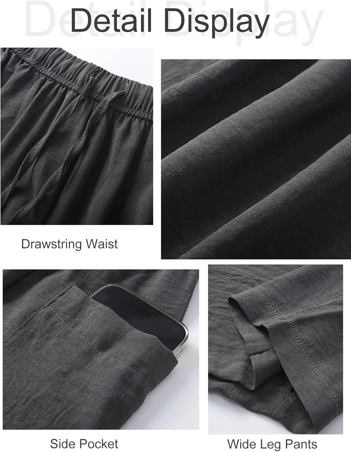 Women Cotton Linen Wide Leg Baggy Pants Casual Drawstring Elastic Waist Harem Pant Loose Straight Leg Beach Pants with Pocket