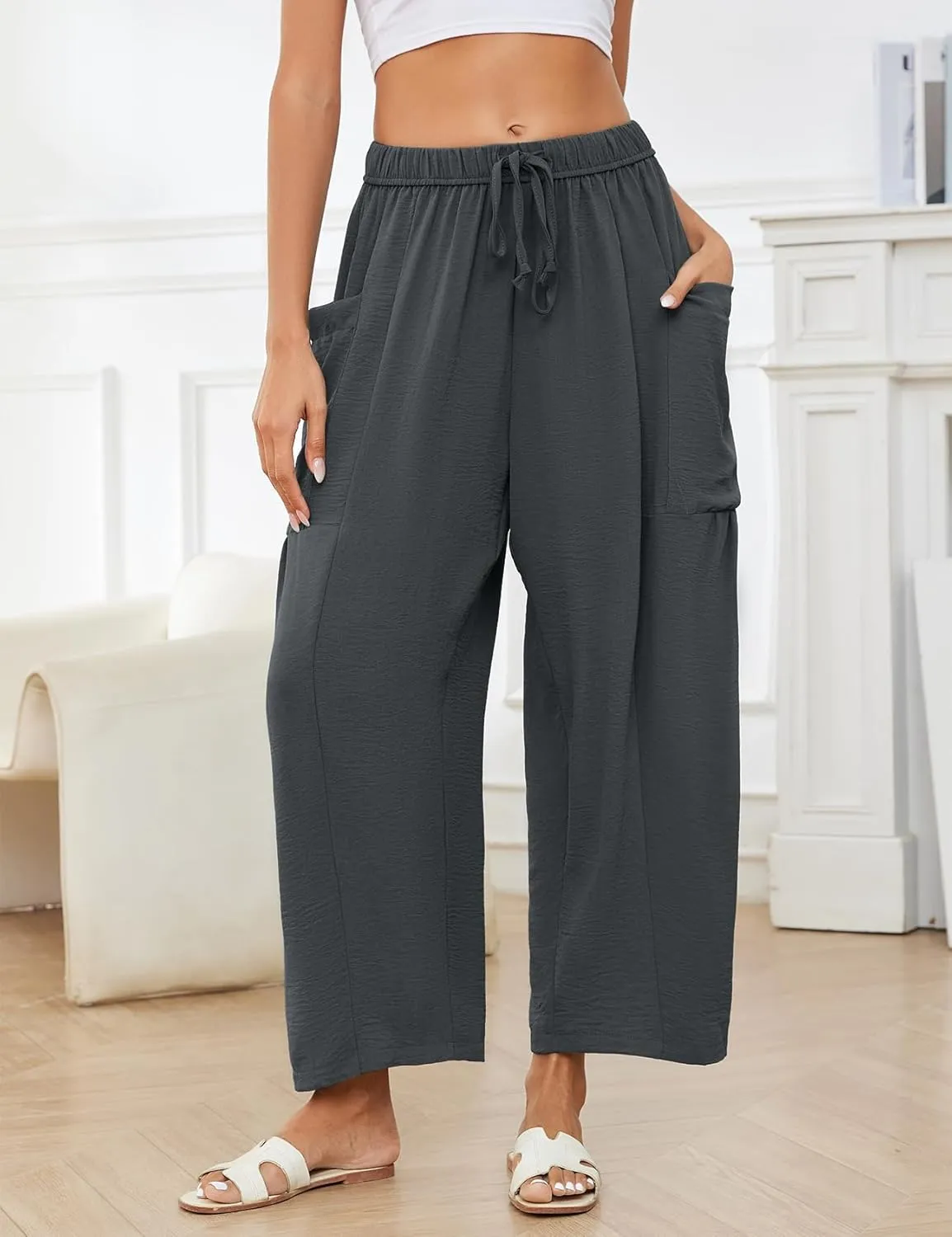 Women Cotton Linen Wide Leg Baggy Pants Casual Drawstring Elastic Waist Harem Pant Loose Straight Leg Beach Pants with Pocket